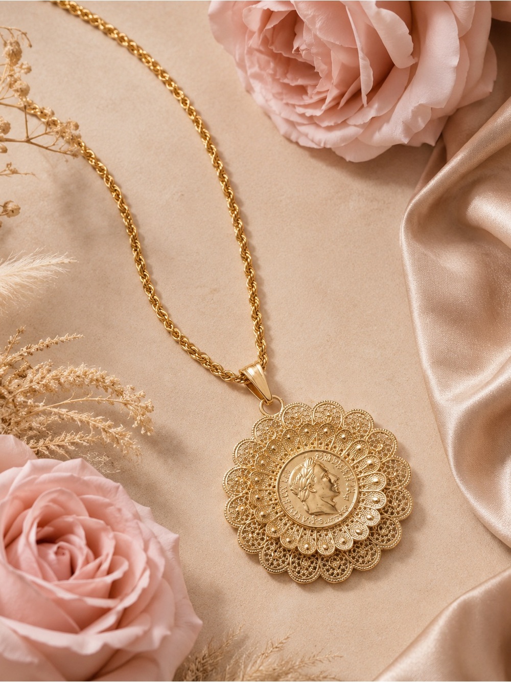 Gold Filigree Medallion Pendant Necklace - Elegant Women Jewelry